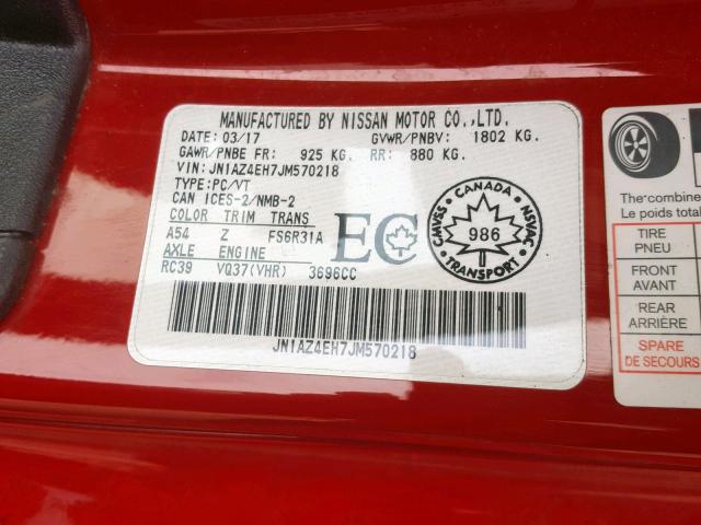 JN1AZ4EH7JM570218 - 2018 NISSAN 370Z BASE RED photo 10