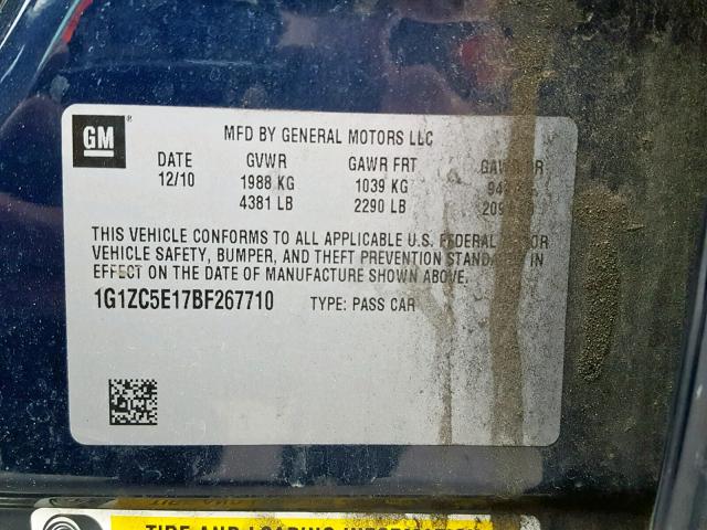 1G1ZC5E17BF267710 - 2011 CHEVROLET MALIBU 1LT BLUE photo 10