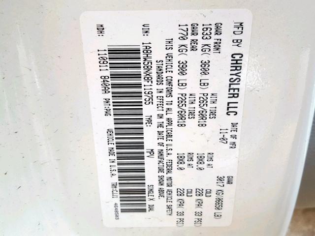 1A8HW58NX8F119755 - 2008 CHRYSLER ASPEN LIMI CREAM photo 10