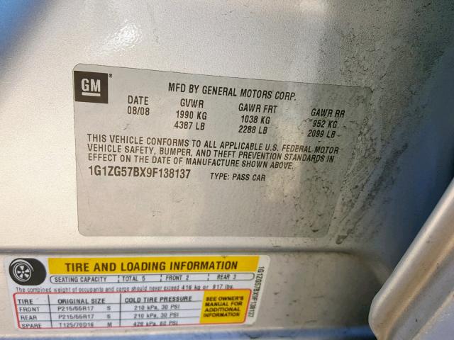 1G1ZG57BX9F138137 - 2009 CHEVROLET MALIBU LS 银色 照片 10