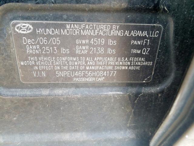 5NPEU46F56H084177 - 2006 HYUNDAI SONATA GLS BLACK photo 10