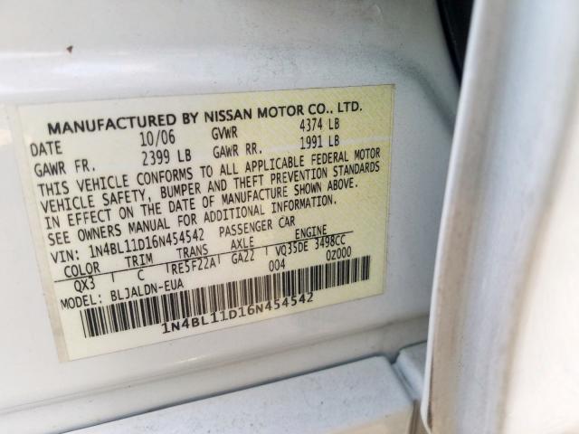 1N4BL11D16N454542 - 2006 NISSAN ALTIMA SE WHITE photo 10