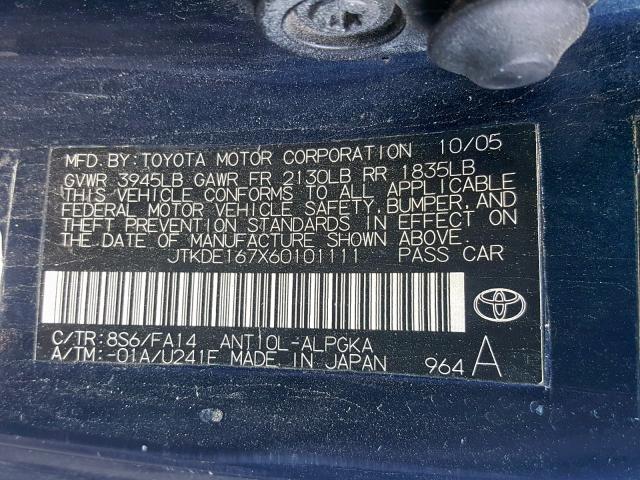 JTKDE167X60101111 - 2006 TOYOTA SCION TC ლურჯი ფოტო 10