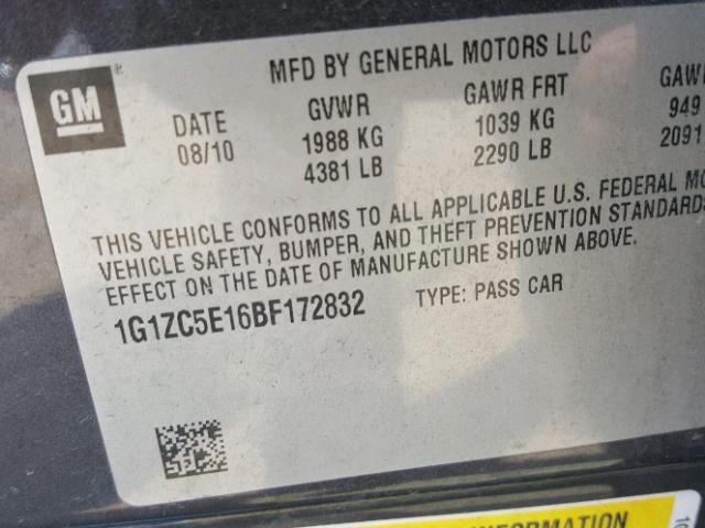 1G1ZC5E16BF172832 - 2011 CHEVROLET MALIBU 1LT 灰色 照片 10