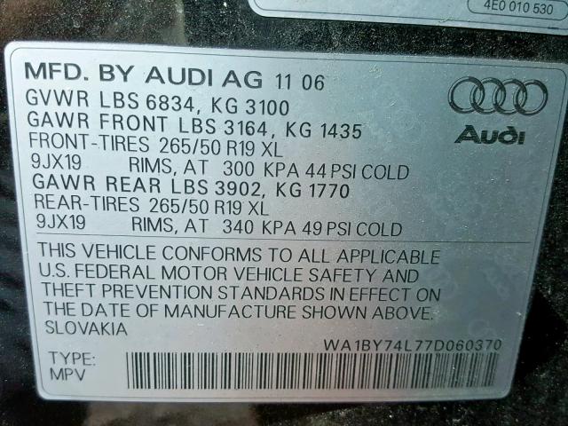 WA1BY74L77D060370 - 2007 AUDI Q7 3.6 QUA BLACK photo 10