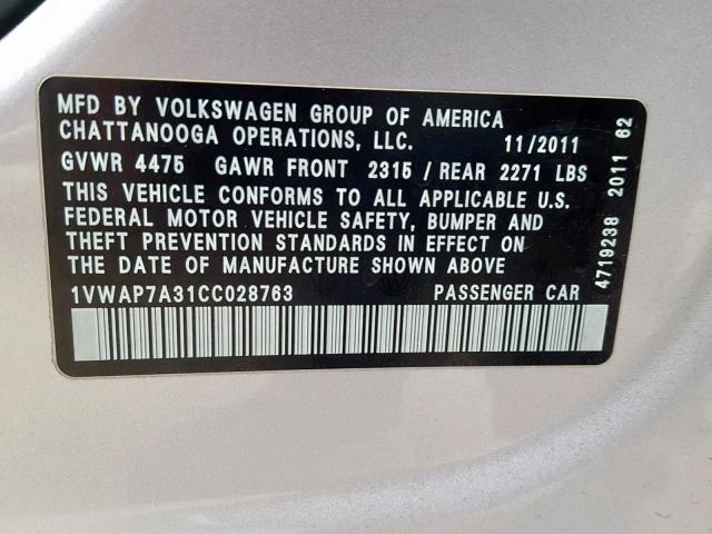 1VWAP7A31CC028763 - 2012 VOLKSWAGEN PASSAT S SILVER photo 10