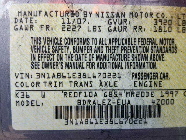 3N1AB61E38L670221 - 2008 NISSAN SENTRA 2.0 SILVER photo 10