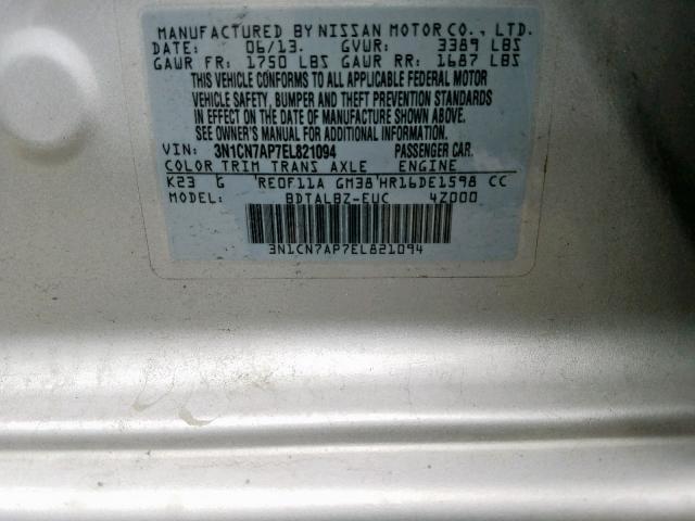 3N1CN7AP7EL821094 - 2014 NISSAN VERSA S SILVER photo 10