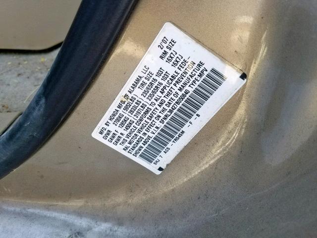 5FNRL38427B050840 - 2007 HONDA ODYSSEY EX GOLD photo 10