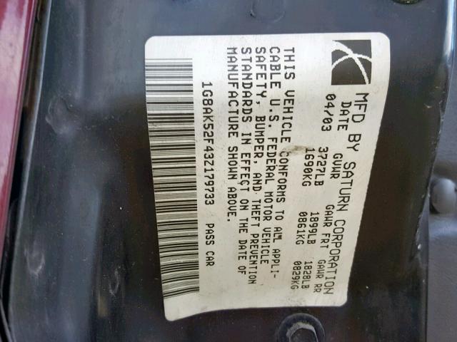 1G8AK52F43Z179733 - 2003 SATURN ION LEVEL RED photo 10