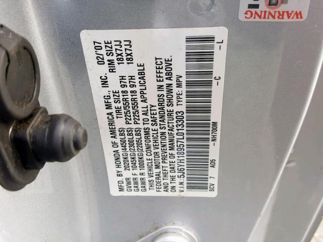 5J6YH18957L013303 - 2007 HONDA ELEMENT SC SILVER photo 10