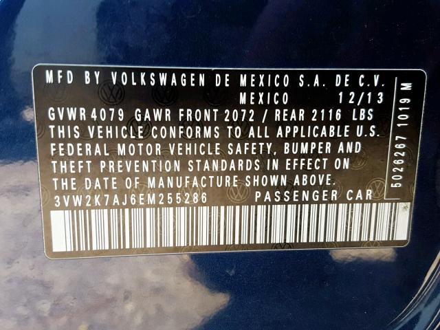 3VW2K7AJ6EM255286 - 2014 VOLKSWAGEN JETTA BASE Կապույտ լուսանկար 10