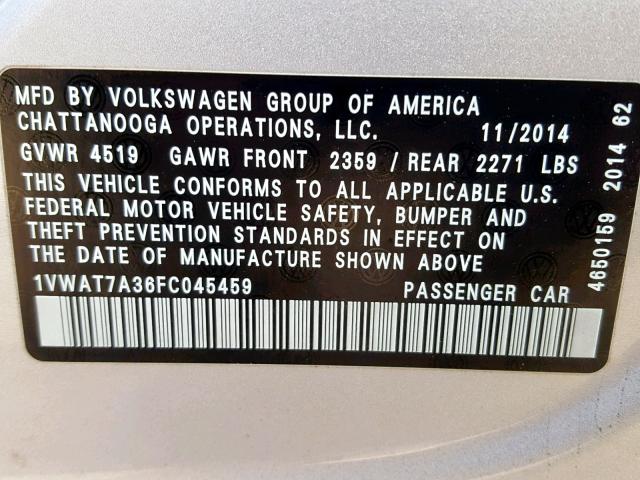 1VWAT7A36FC045459 - 2015 VOLKSWAGEN PASSAT S SILVER photo 10