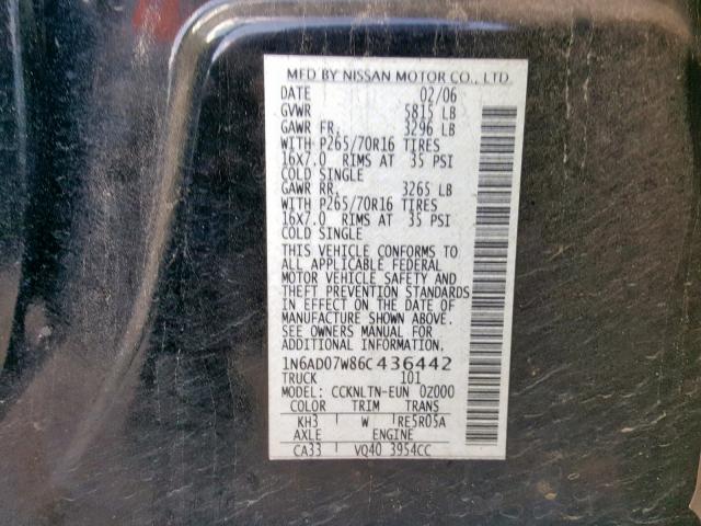 1N6AD07W86C436442 - 2006 NISSAN FRONTIER C BLACK photo 10