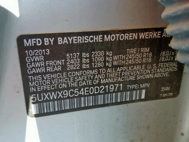 5UXWX9C54E0D21971 - 2014 BMW X3 XDRIVE2 SILVER photo 10