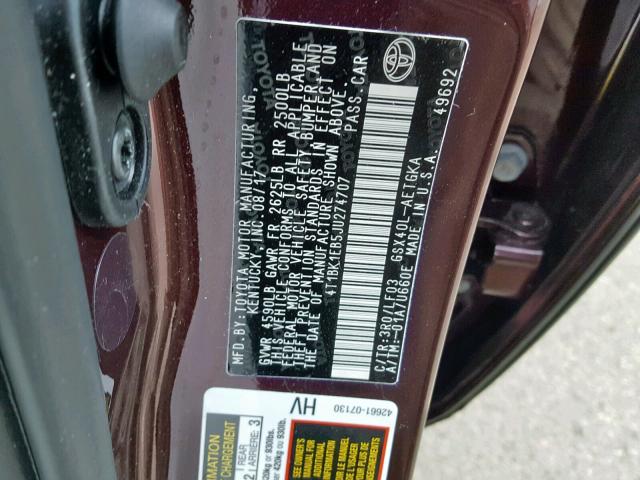 4T1BK1EB5JU274707 - 2018 TOYOTA AVALON XLE BURGUNDY photo 10