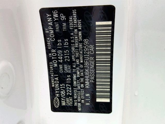 KMHHU6KJ8FU129598 - 2015 HYUNDAI GENESIS CO WHITE photo 10