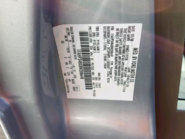 1FAHP34NX8W208648 - 2008 FORD FOCUS S/SE SILVER photo 10