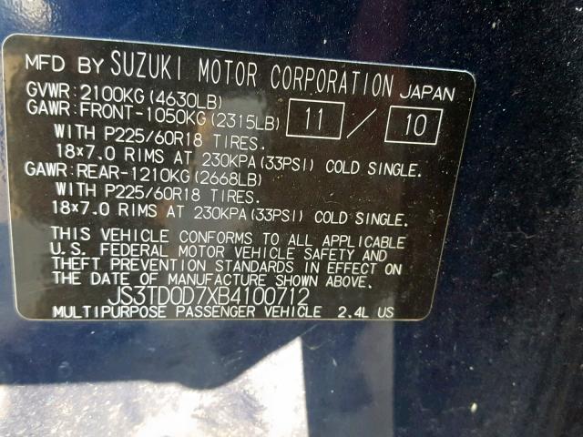 JS3TD0D7XB4100712 - 2011 SUZUKI GRAND VITA BLUE photo 10