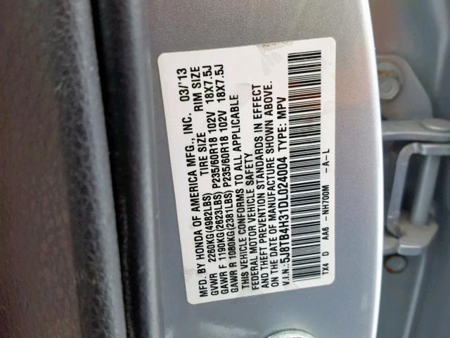 5J8TB4H31DL024004 - 2013 ACURA RDX GRAY photo 10