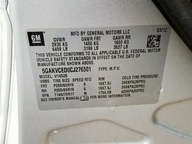 5GAKVCED0CJ276301 - 2012 BUICK ENCLAVE SILVER photo 10