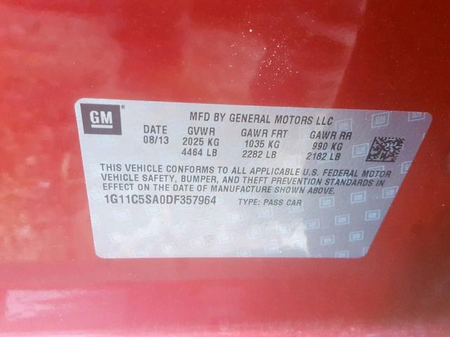 1G11C5SA0DF357964 - 2013 CHEVROLET MALIBU 1LT RED photo 10