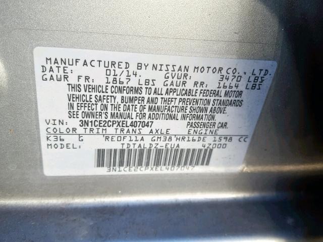 3N1CE2CPXEL407047 - 2014 NISSAN VERSA NOTE GRAY photo 10