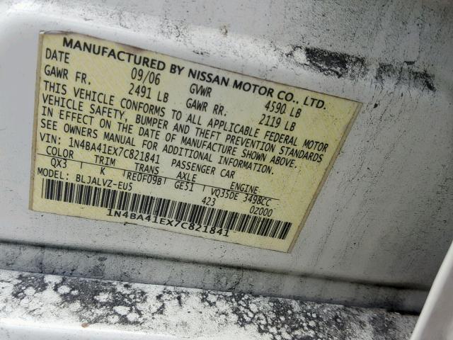 1N4BA41EX7C821841 - 2007 NISSAN MAXIMA SE WHITE photo 10