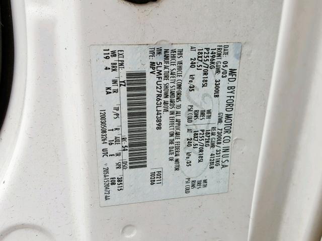 5LMFU27R63LJ43898 - 2003 LINCOLN NAVIGATOR Ақ фото 10