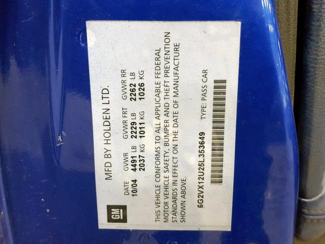 6G2VX12U25L353649 - 2005 PONTIAC GTO BLUE photo 10