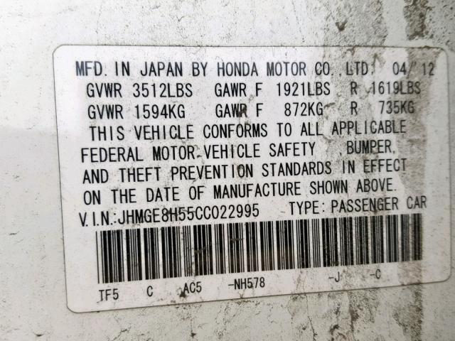 JHMGE8H55CC022995 - 2012 HONDA FIT SPORT WHITE photo 10