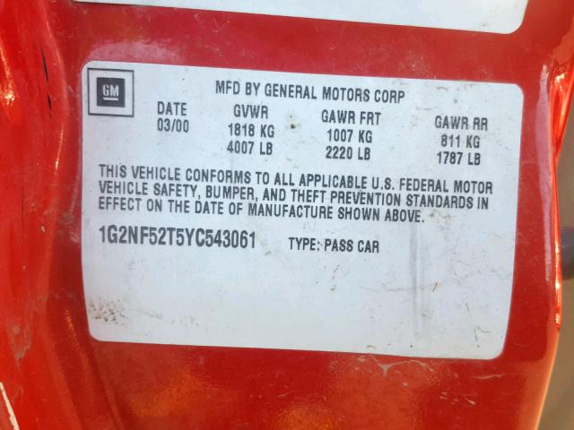 1G2NF52T5YC543061 - 2000 PONTIAC GRAND AM S RED photo 10