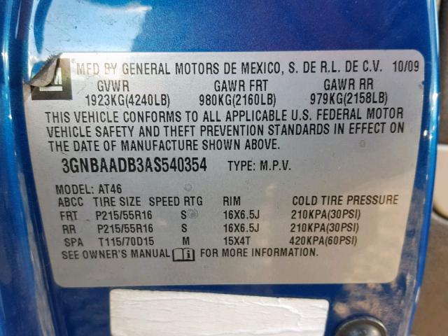 3GNBAADB3AS540354 - 2010 CHEVROLET HHR LS BLUE photo 10