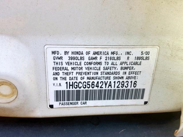 1HGCG5642YA129316 - 2000 HONDA ACCORD LX WHITE photo 10