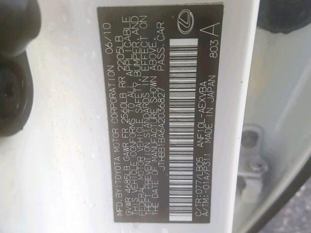 JTHBB1BA6A2036827 - 2010 LEXUS HS 250H WHITE photo 10