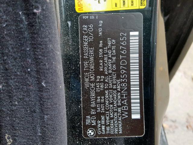 WBAHN83597DT67652 - 2007 BMW 750 BLACK photo 10