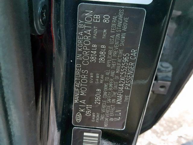 KNAFU4A2XC5525965 - 2012 KIA FORTE EX BLACK photo 10