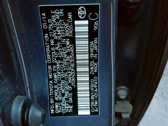 JTDKN3DP4E3056483 - 2014 TOYOTA PRIUS PLUG BLUE photo 10