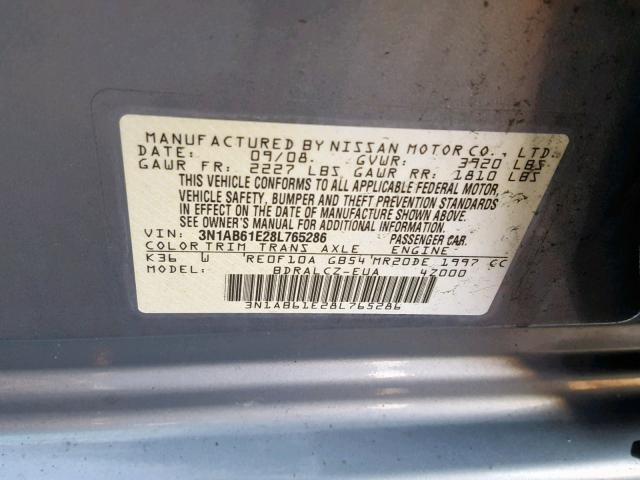 3N1AB61E28L765286 - 2008 NISSAN SENTRA 2.0 GRAY photo 10