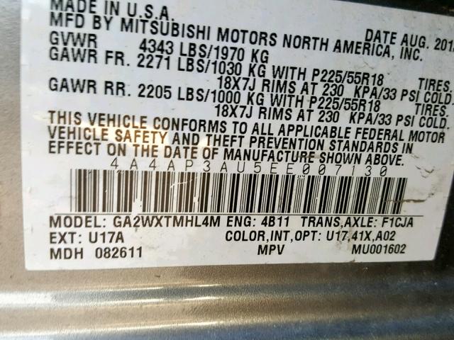 4A4AP3AU5EE007130 - 2014 MITSUBISHI OUTLANDER GRAY photo 10