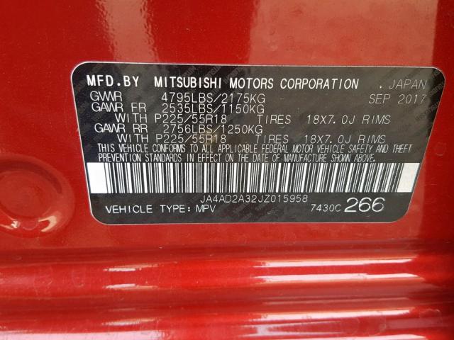 JA4AD2A32JZ015958 - 2018 MITSUBISHI OUTLANDER RED photo 10