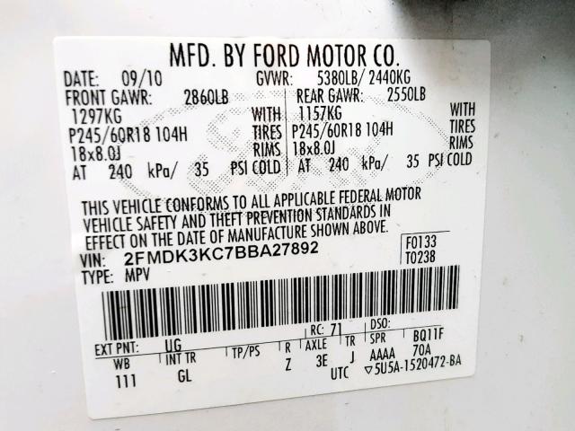 2FMDK3KC7BBA27892 - 2011 FORD EDGE LIMIT WHITE photo 10