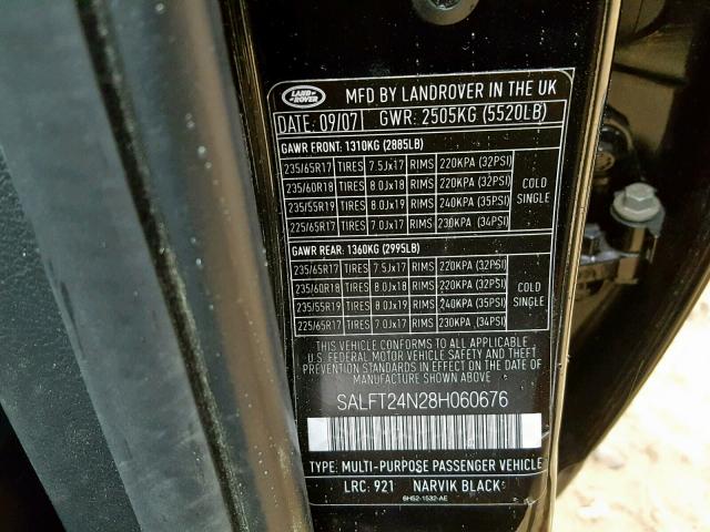 SALFT24N28H060676 - 2008 LAND ROVER LR2 HSE TE BLACK photo 10