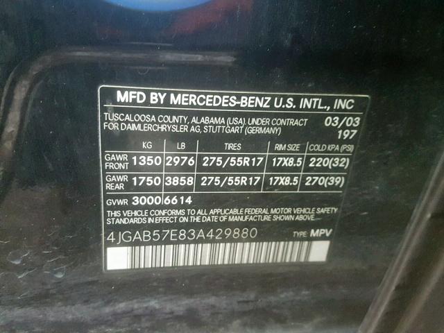 4JGAB57E83A429880 - 2003 MERCEDES-BENZ ML 350 BLACK photo 10