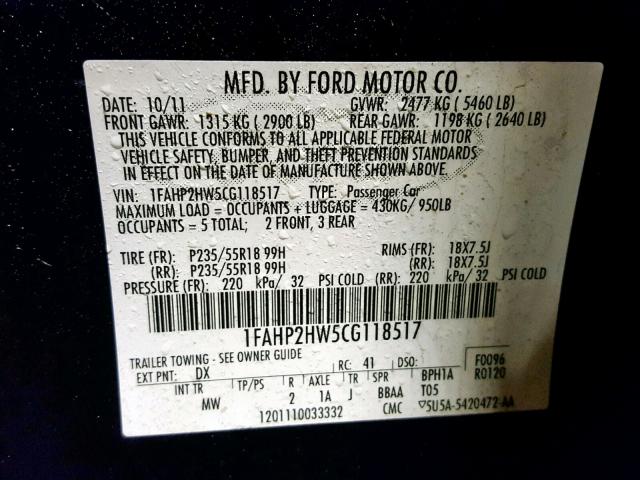 1FAHP2HW5CG118517 - 2012 FORD TAURUS SEL BLUE photo 10