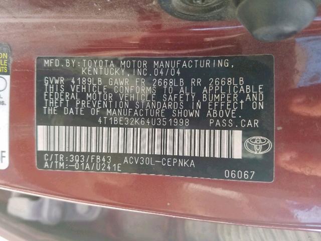 4T1BE32K64U351998 - 2004 TOYOTA CAMRY LE RED photo 10