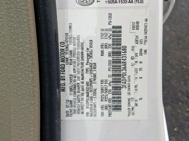 3FADP0L36AR431680 - 2010 FORD FUSION HYB WHITE photo 10