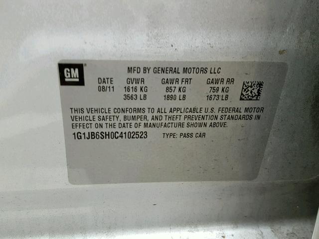 1G1JB6SH0C4102523 - 2012 CHEVROLET SONIC LS SILVER photo 10