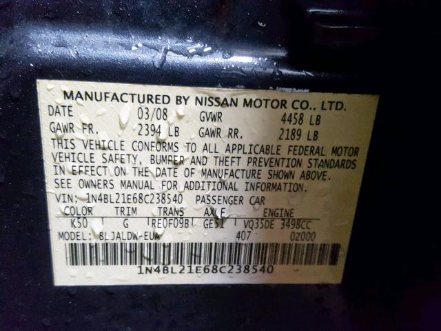 1N4BL21E68C238540 - 2008 NISSAN ALTIMA 3.5 GRAY photo 10