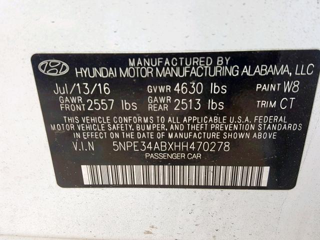 5NPE34ABXHH470278 - 2017 HYUNDAI SONATA SPO WHITE photo 10